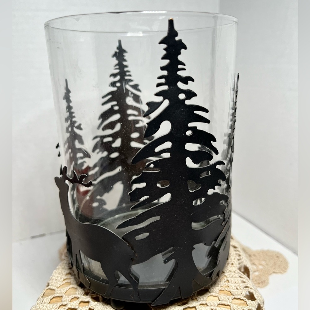 Bronze Deer Forest Hurricane Candle Glass Lantern, Allen+Roth